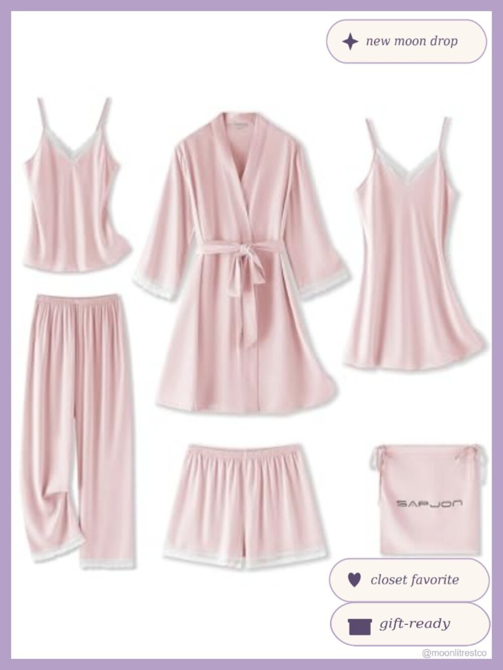 SAPJON Silk Satin 6-Piece Pajama Set Lace Robe Nightgown Cami Women